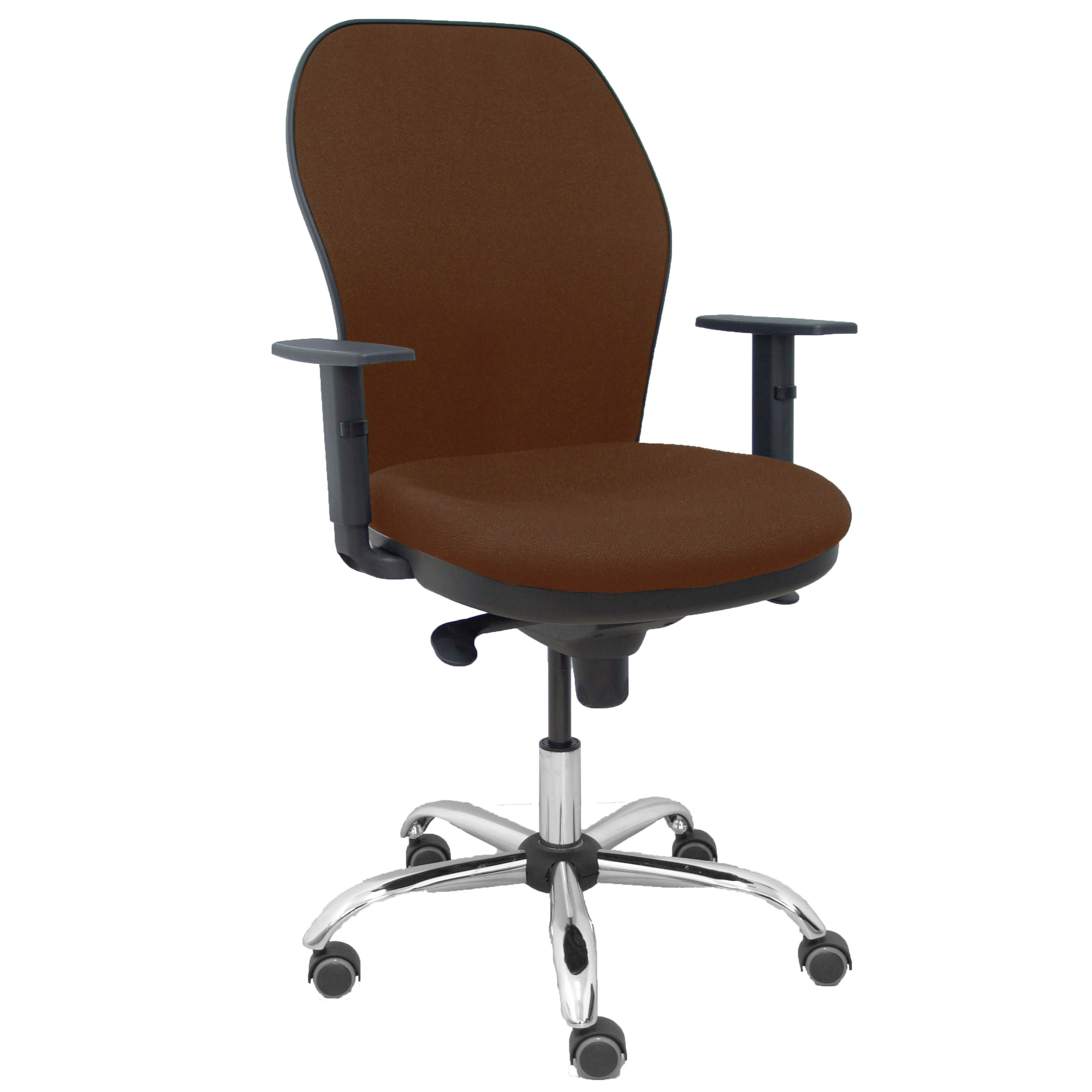 Silla Jorquera respaldo bali marrón oscuro asiento bali marrón oscuro base cromada y ruedas parqué