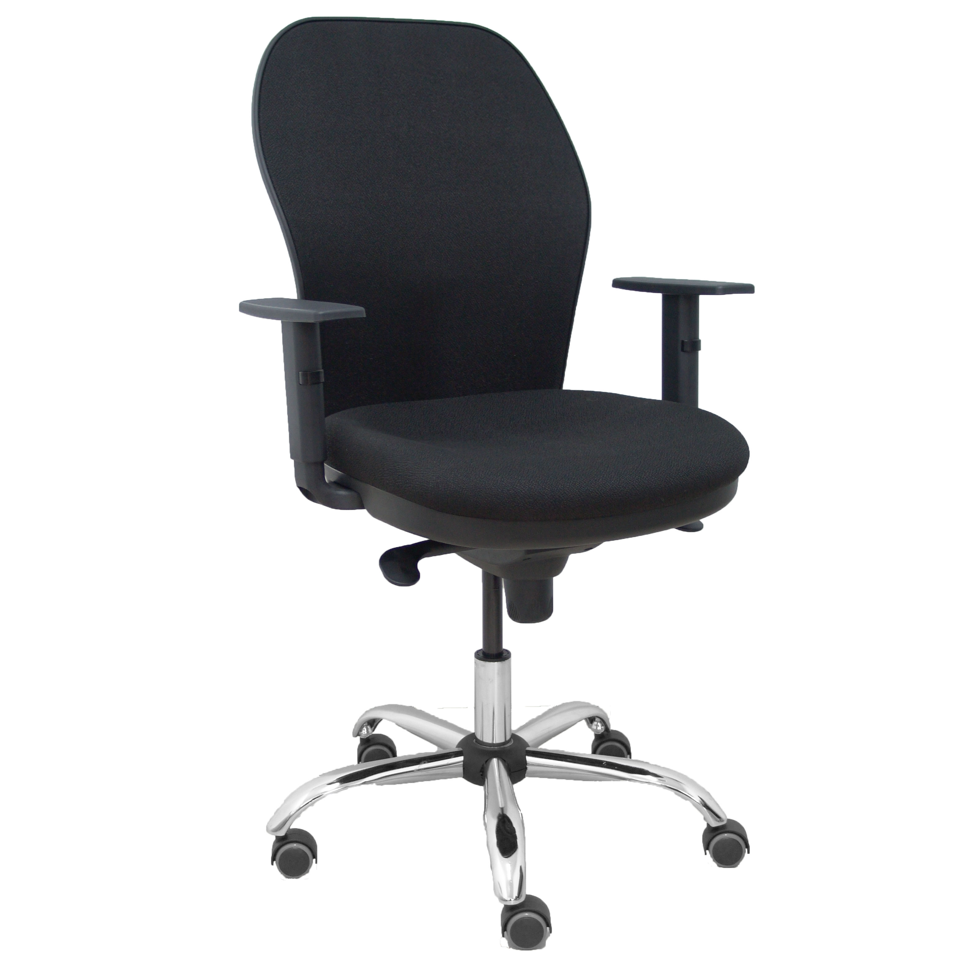 Silla Jorquera respaldo bali negro asiento bali negro base cromada y ruedas parqué