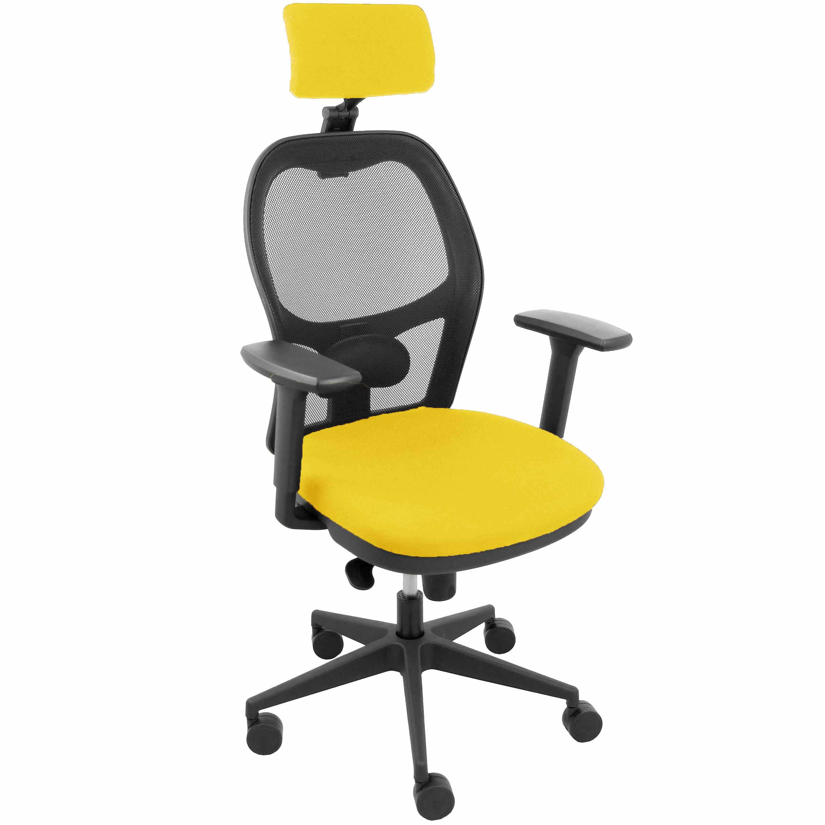Silla Jorquera malla negra asiento bali amarillo cabecero regulable brazos 3D