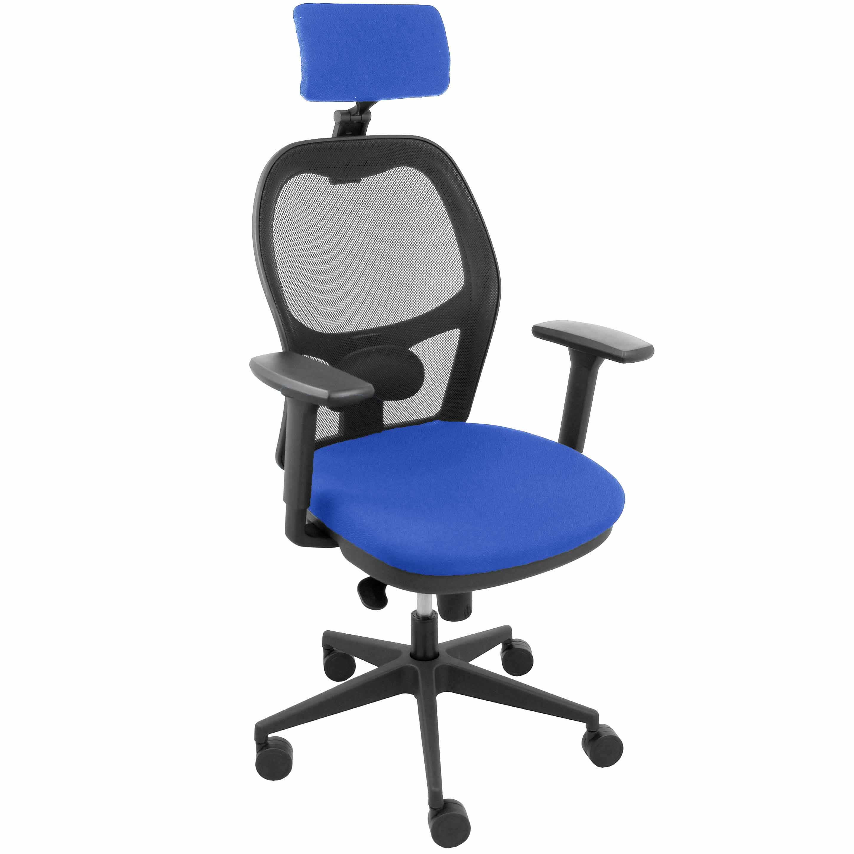 Silla Jorquera malla negra asiento bali azul cabecero regulable brazos 3D