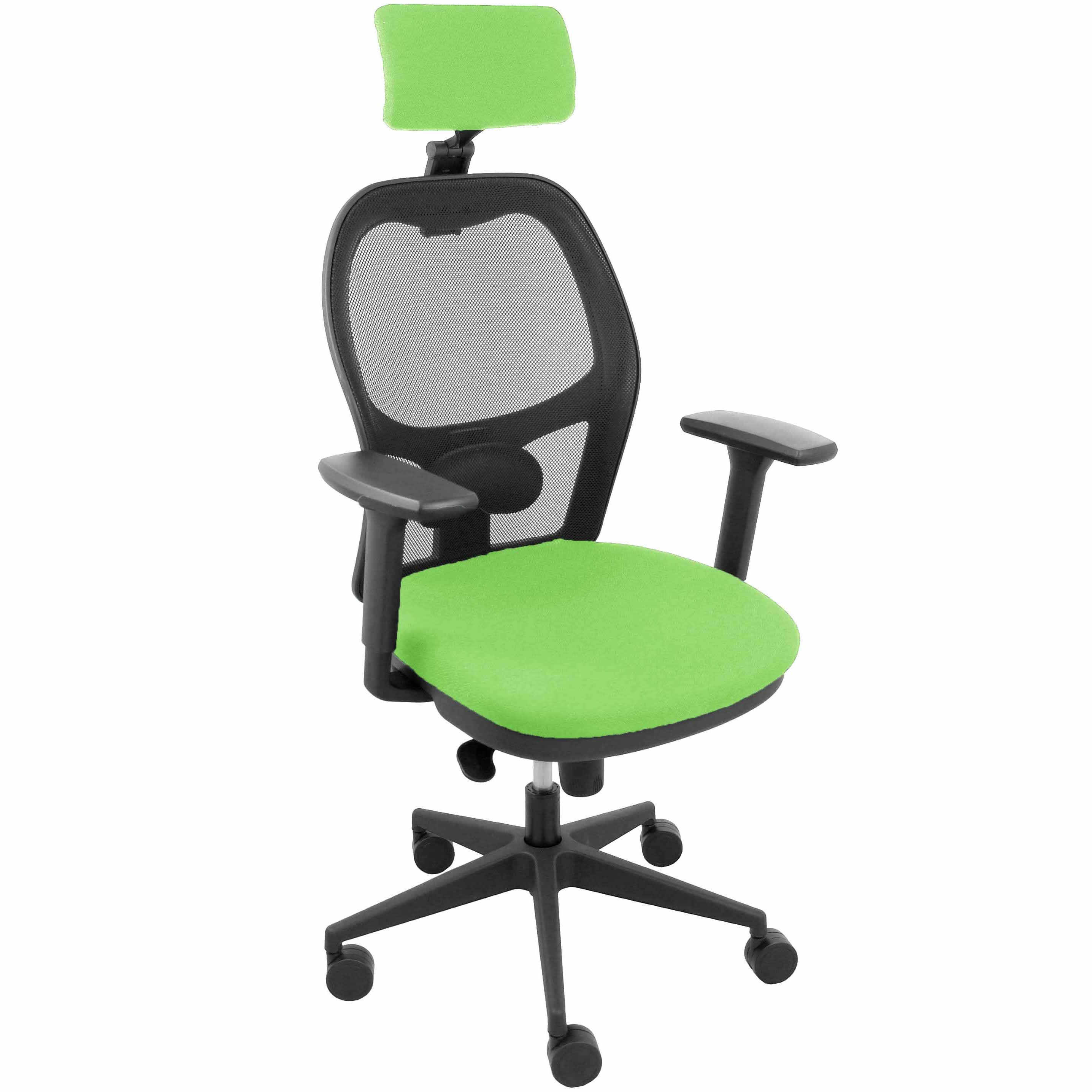 Silla Jorquera malla negra asiento bali pistacho cabecero regulable brazos 3D