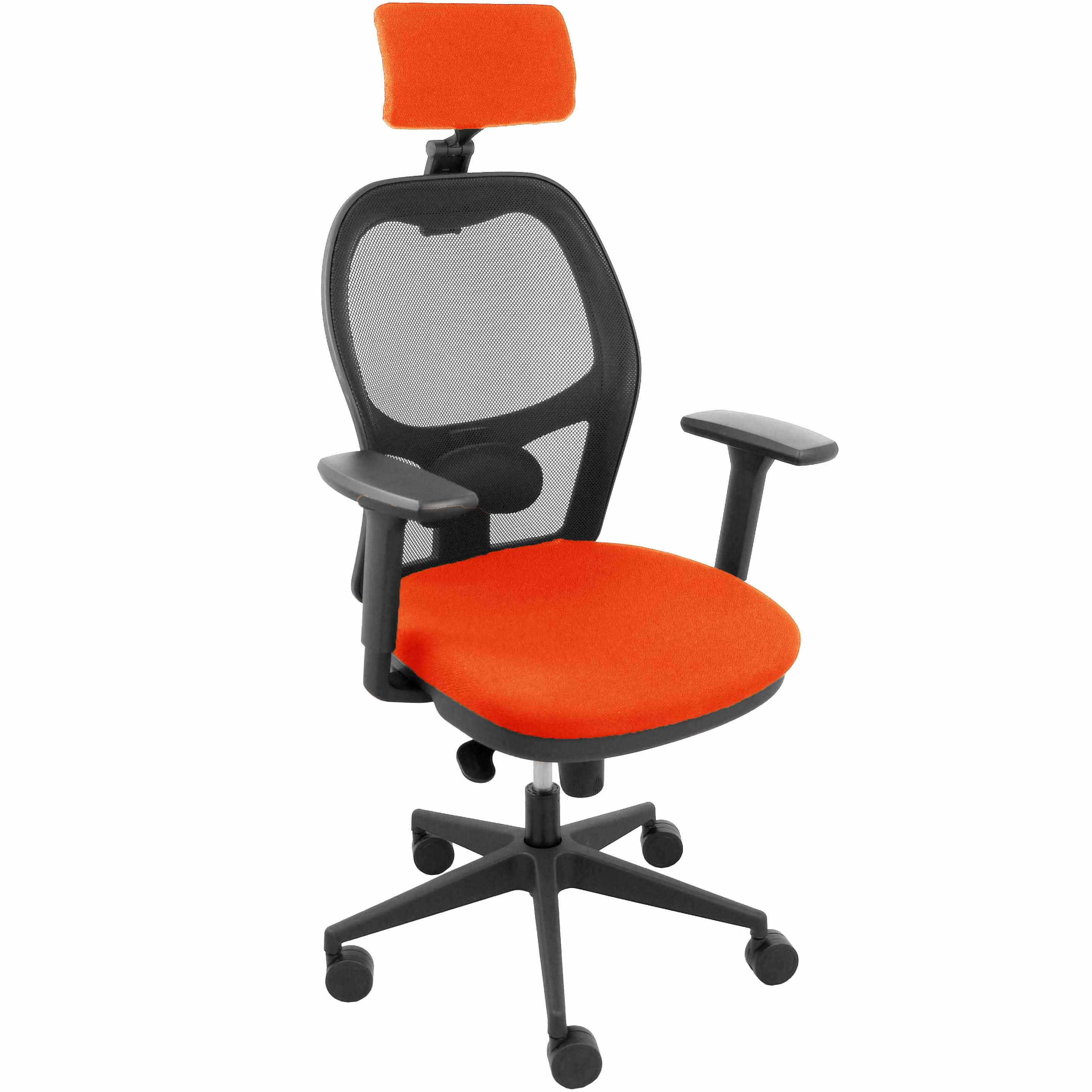 Silla Jorquera malla negra asiento bali naranja oscuro cabecero regulable brazos 3D