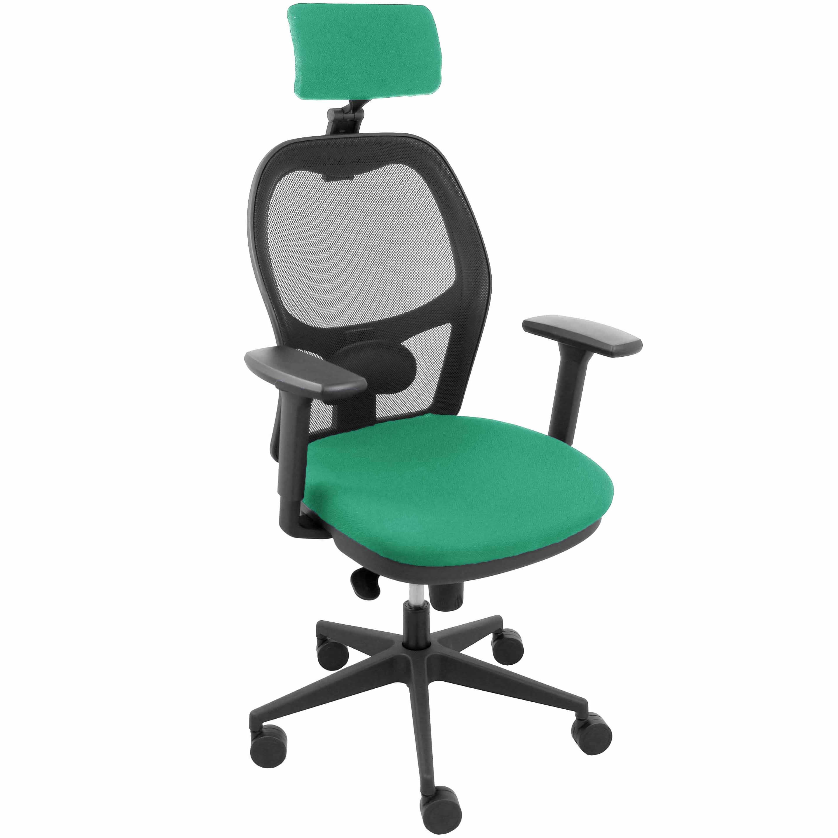 Silla Jorquera malla negra asiento bali verde esmeralda cabecero regulable brazos 3D