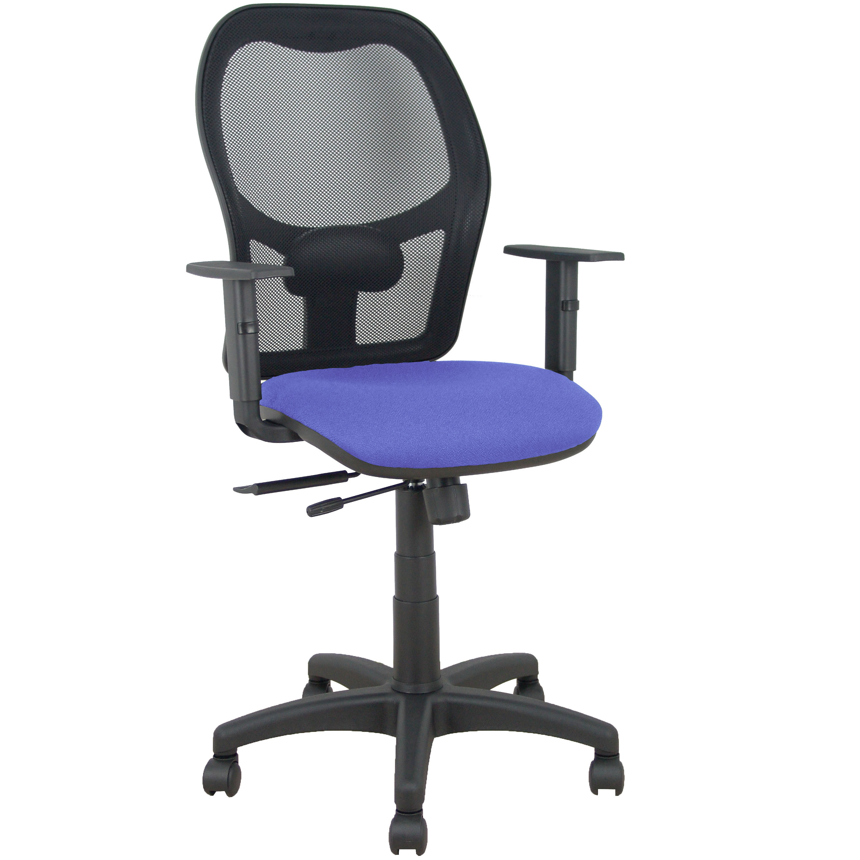 Silla Alocén traslack malla negra asiento bali azul claro brazos regulables