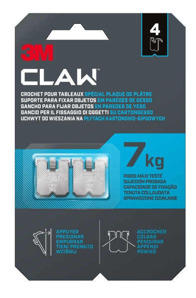 3M Claw Pack de 4 Ganchos de Metal para Paredes de Yeso - Soporta hasta 7kg - Color Gris/Titanio