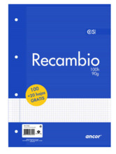 Ancor Recambio de 120 Hojas 90gr TamaÃ±o A4 Cuadriculado 4x4mm - 4 Taladros