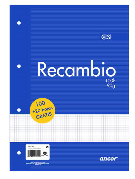 Ancor Recambio de 120 Hojas 90gr TamaÃ±o A4 Cuadriculado 4x4mm - 4 Taladros