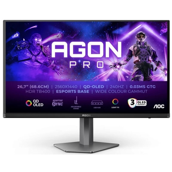 AOC AGON PRO AG276QZD2 Monitor 26.7" QD-OLED QHD 240Hz HDR400 - Respuesta 0.03ms - Altavoces 10W - Ajustable en Altura, Inclinac