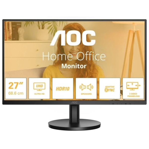 AOC U27B3A Monitor 27" LED IPS UHD 4K 60Hz HDR10 - Respuesta 4ms - HDMI, DisplayPort - Altavoces 4W - VESA 100x100mm - Color Neg