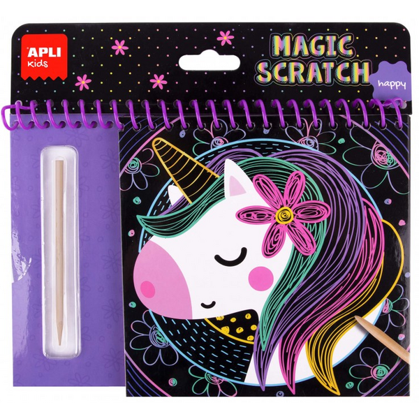 Apli Bloc Magic Scratch Happy - 8 Laminas para Rascar - Palito Rascador de Madera - Ilustracion con Imagen de Muestra