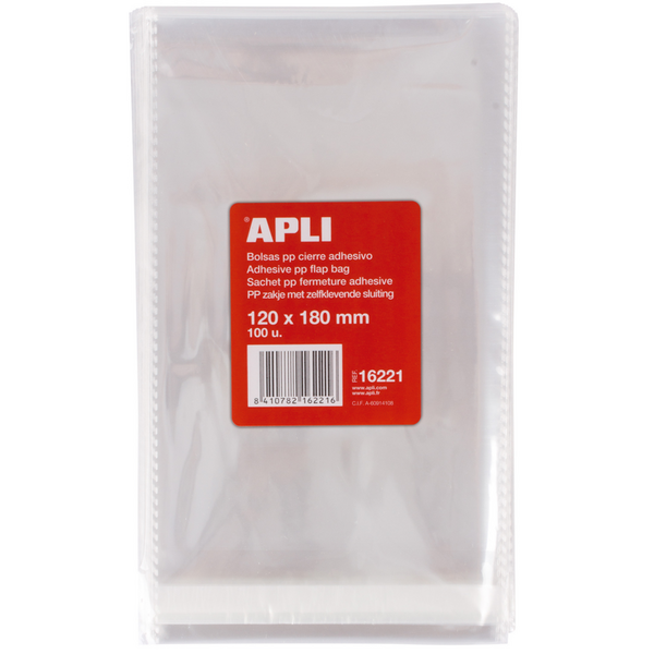 Apli Bolsas Polipropileno Transparente con Cierre Adhesivo - Tamaño 120 x 180mm - Galga 120 - Alta Resistencia y Flexibilidad -