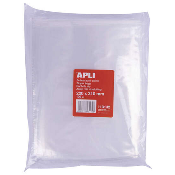 Apli Bolsas Zip Auto Cierre Transparentes 220x310mm - Material LDPE - Cierre Seguro y Facil Manipulacion - Uso Alimenticio - Ide