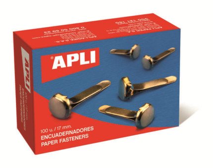 Apli Caja de 100 Encuadernadores Metalicos 12mm sin Arandela - Aptos para todo tipo de Documentos - Ideales para Encuadernar y Manualidades - Color Dorado