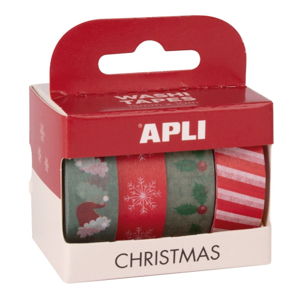 Apli Christmas Pack con 4 Cintas Adhesivas de Papel Washi 15mmx10m - Tematica Navideña - 4 Diseños Diferentes - Decoracion y M