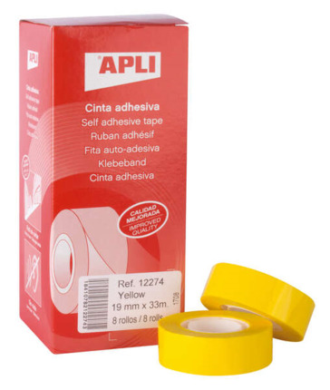 Apli Cinta Adhesiva Amarilla 19mm x 33m - Resistente al Agua y a la Intemperie - Facil de Cortar con las Manos - Ideal para Etiquetar y Marcar - Amarillo