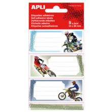 Apli Etiquetas Adhesivas Escolares Motos - TamaÃ±o 81x36mm - 9 Etiquetas (3 por DiseÃ±o) - Adhesivo Permanente de Alta Calidad -