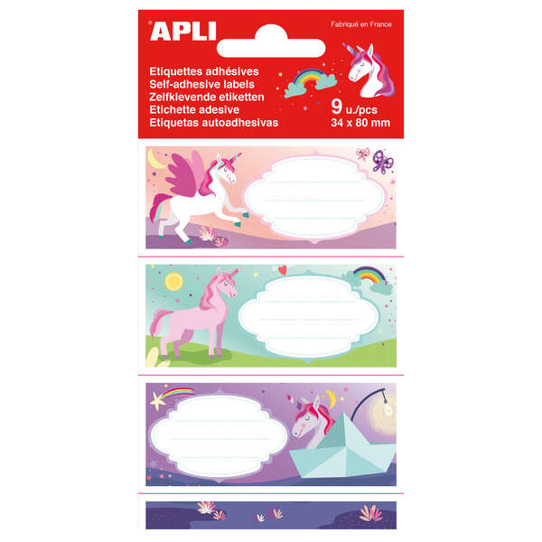 Apli Etiquetas Adhesivas Escolares Unicornios - Tamaño 81x36mm - 9 Etiquetas (3 por Diseño) - Adhesivo Permanente de Alta Cali