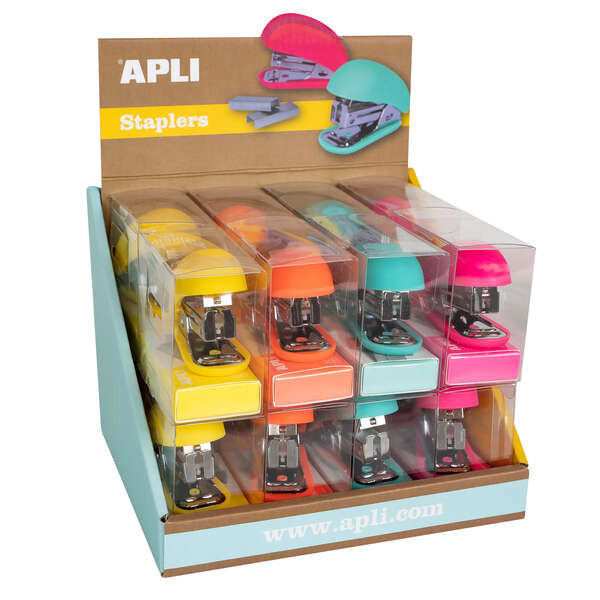 Apli Expositor de 16 Grapadoras Fluor Collection - Utiliza Grapas 22/6-24/6 - Incluye 1000 Grapas por Grapadora - Colores Fluor