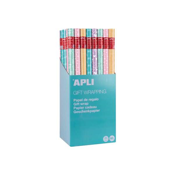 Apli Expositor de 55 Rollos de Papel Regalo Nordik Fun - 11 Rollos por Color - Medidas del Rollo 0.70x2m - 5 DiseÃ±os
