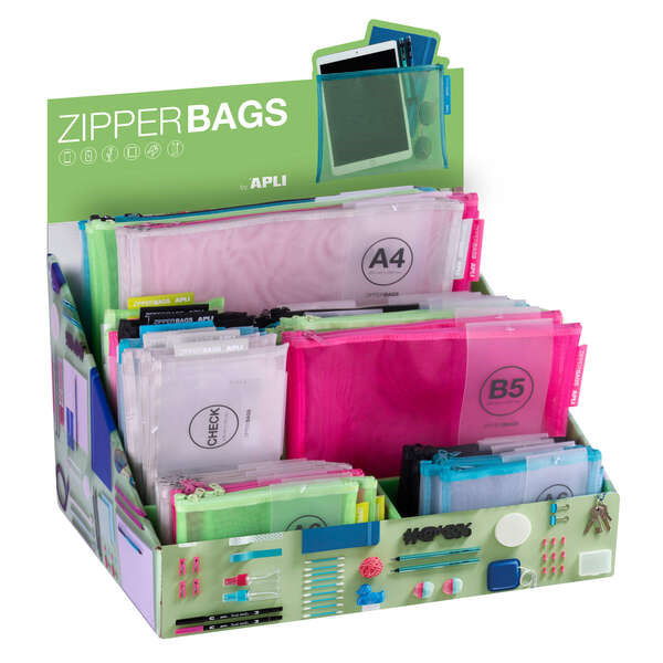 Apli Expositor Zipper Bags de Nylon - Tamaños y Colores Surtidos - Alta Calidad y Durabilidad - Ideal para Documentos, Electron