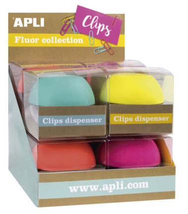Apli Fluor Collection Expositor de Clips - Ø 70x60 mm - 8 Dispensadores en 4 Colores - Tapa Magnetica Soft Touch - Incluye 50 Clips