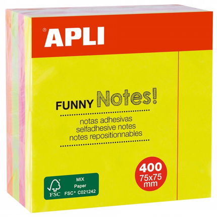 Apli Funny Cubo de 400 Notas Adhesivas 75 x 75 mm - Colores Surtidos Fluorescentes