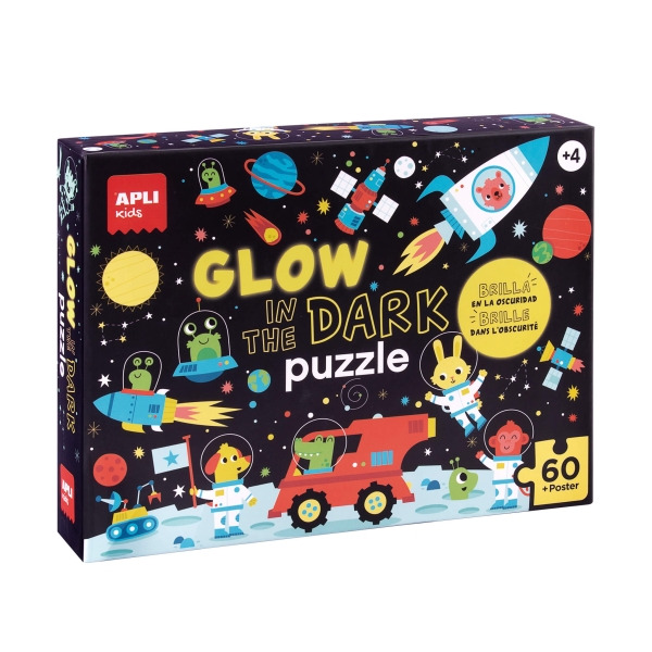 Apli Glow in the Dark Puzzle Fluorescente de 60 Piezas 6x6cm - Tematica Espacio - Efecto Fluorescente que Revela DiseÃ±os Oculto