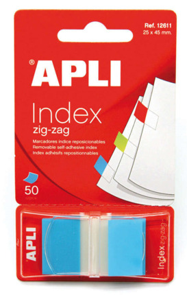 Apli Indices Adhesivos Film Zigzag 45x25mm Dispensador de 50 - Faciles de Aplicar - Diseño Zigzag - Adhesivo de Calidad - Azul