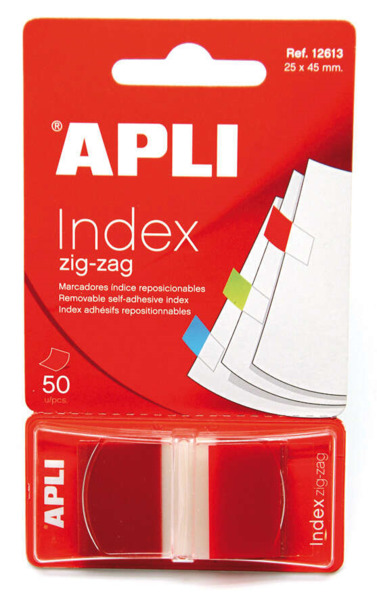 Apli Indices Adhesivos Film Zigzag 45x25mm Dispensador de 50 - Faciles de Aplicar - DiseÃ±o Zigzag - Rojos