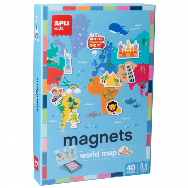 Apli Juego Magnetico Mapamundi - 1 Escenario Imantado 36 x 38 cm - 40 Fichas con Dibujos de Monumentos y Animales
