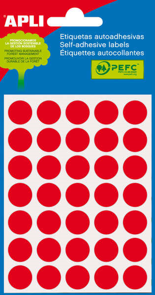 Apli Minibolsa de 175 Etiquetas Redondas Ã 13mm - 5 Hojas por 35 Etiquetas - Adhesivo Permanente - Color Rojo