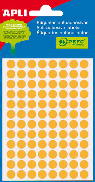 Apli Minibolsa de 288 Etiquetas Redondas Ã 8mm - 3 Hojas por 96 Etiquetas - Adhesivo Permanente - Color Naranja Fluor