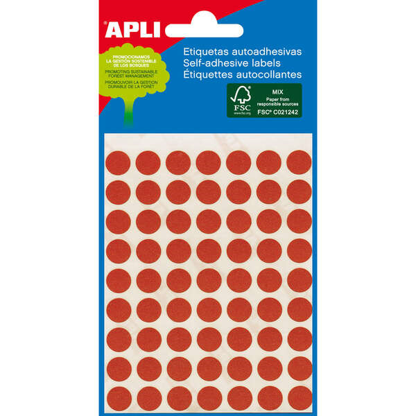 Apli Minibolsa de 288 Etiquetas Redondas Ã 8mm - 3 Hojas por 96 Etiquetas - Adhesivo Permanente - Color Rojo