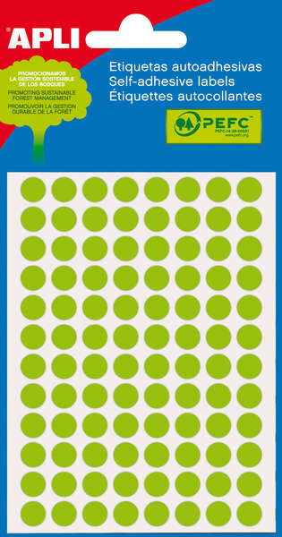 Apli Minibolsa de 288 Etiquetas Redondas Ã 8mm - 3 Hojas por 96 Etiquetas - Adhesivo Permanente - Color Verde Fluor