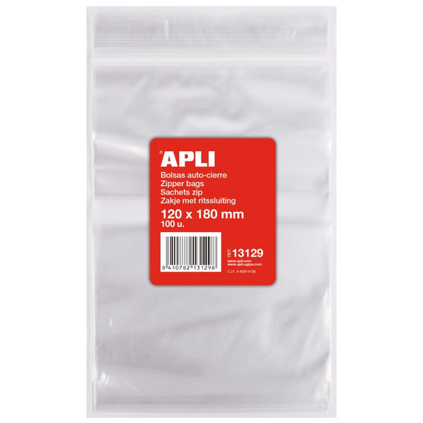 Apli Pack de 100 Bolsas de Auto Cierre 120 x 180 mm - Cierre Seguro - Aptas para Alimentos