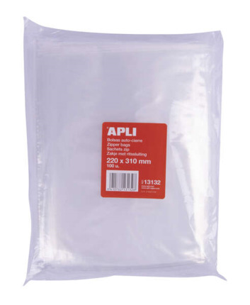 Apli Bolsas Zip Auto Cierre Transparentes 220x310mm - Material LDPE - Cierre Seguro y Facil Manipulacion - Uso Alimenticio - Ideal para Guardar Alimentos y Objetos Cotidianos - Utiles para Viajes