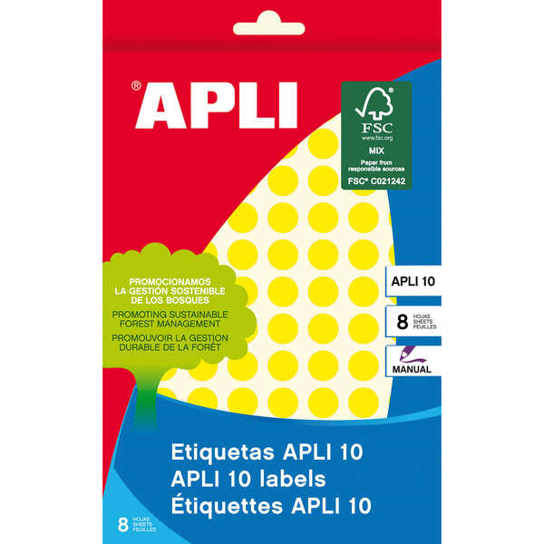 Apli Pack de 1.008 Etiquetas Redondas Ã 10mm - 8 Hojas por 126 Etiquetas - Adhesivo permanente - Aptas para Escritura Manual -