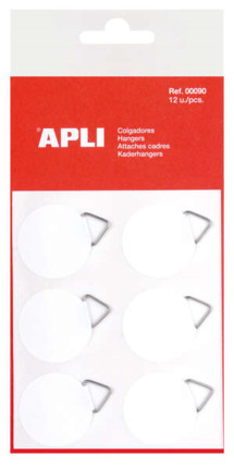 Apli Pack de 12 Colgadores Autoadhesivos Redondos Ø 30mm - Triangulo Metalico de Soporte - Base Adhesiva Blanca - Gran Resistencia - Ideal para Fotos, Calendarios y Posteres