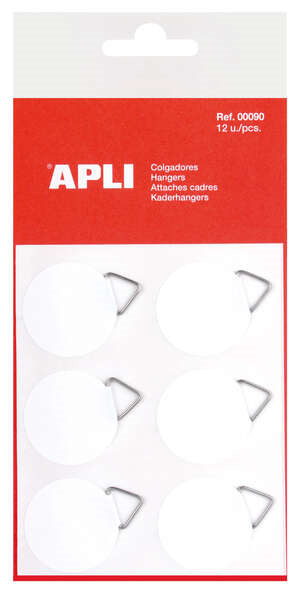 Apli Pack de 12 Colgadores Autoadhesivos Redondos à 30mm - Triangulo Metalico de Soporte - Base Adhesiva Blanca - Gran Resisten