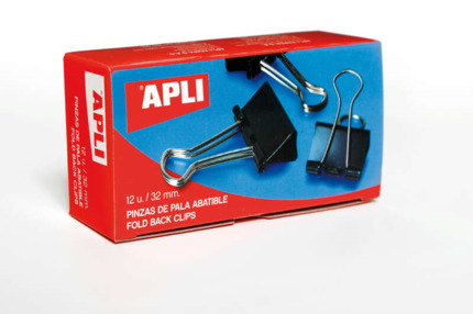 Apli Pinzas Abatibles 15x32mm - Clips de Acero Templado en Negro - Asas en Acabado Niquel - Caja con 12 Unidades - Sujecion Óptima Hasta 120 Hojas