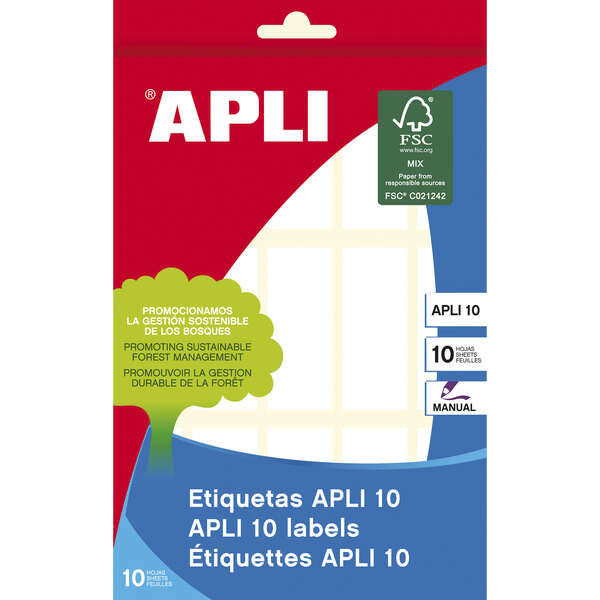 Apli Pack de 150 Etiquetas Rectangulares 20x50mm - 10 Hojas por 15 Etiquetas - Adhesivo Permanente - Cantos Romos - Ideal para E