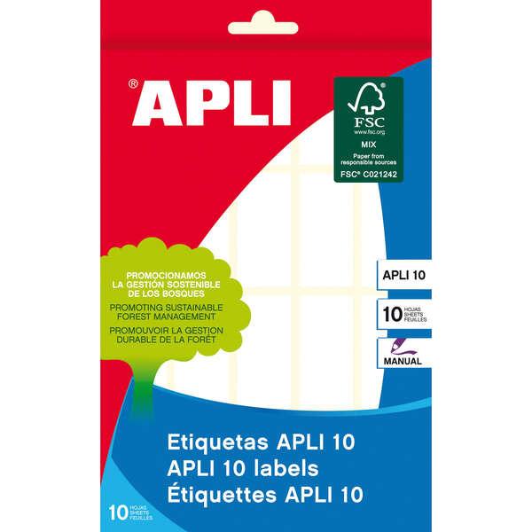 Apli Pack de 200 Etiquetas Rectangulares 19x40mm - 10 Hojas por 20 Etiquetas - Adhesivo Permanente - Cantos Romos - Ideal para E