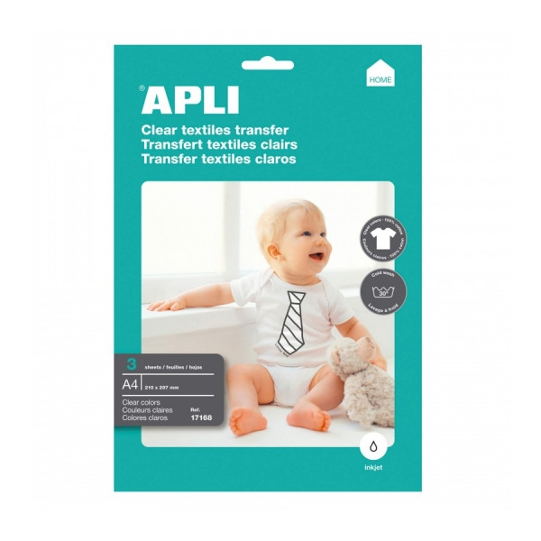 Apli Pack de 3 Hojas de Papel Transfer para Impresoras Inkjet - Ideal para Prendas Blancas y 100% Algodon - Facil Aplicacion y L