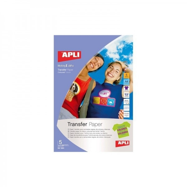 Apli Pack de 5 Hojas de Papel Transfer para Impresoras Inkjet - Ideal para Prendas de Color - Perfecto para Personalizar Ropa de