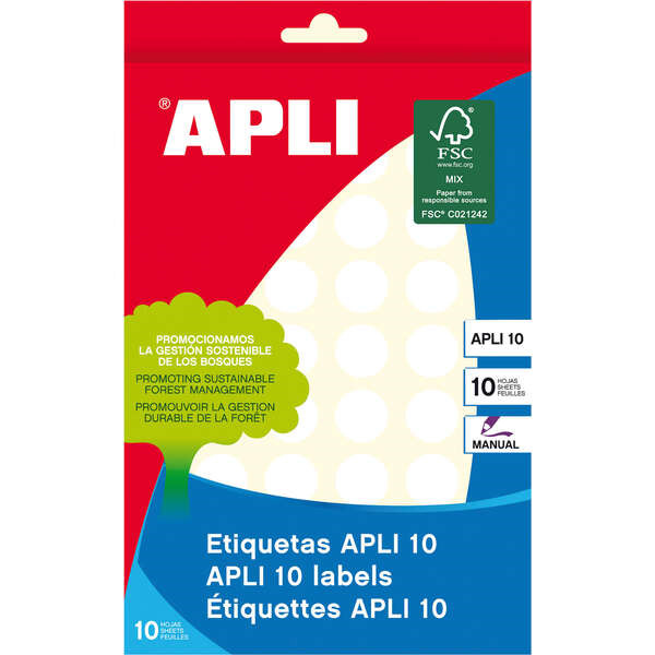 Apli Pack de 540 Etiquetas Redondas à 16mm - 10 Hojas por 54 Etiquetas - Adhesivo Permanente - Color Blanco