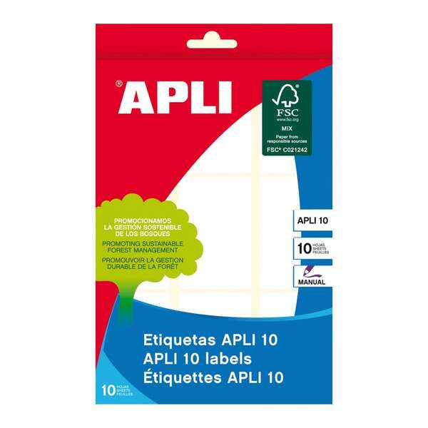 Apli Pack de 90 Etiquetas Rectangulares 34x53mm - 10 Hojas por 9 Etiquetas - Adhesivo Permanente - Ideal para Escribir sobre Ell
