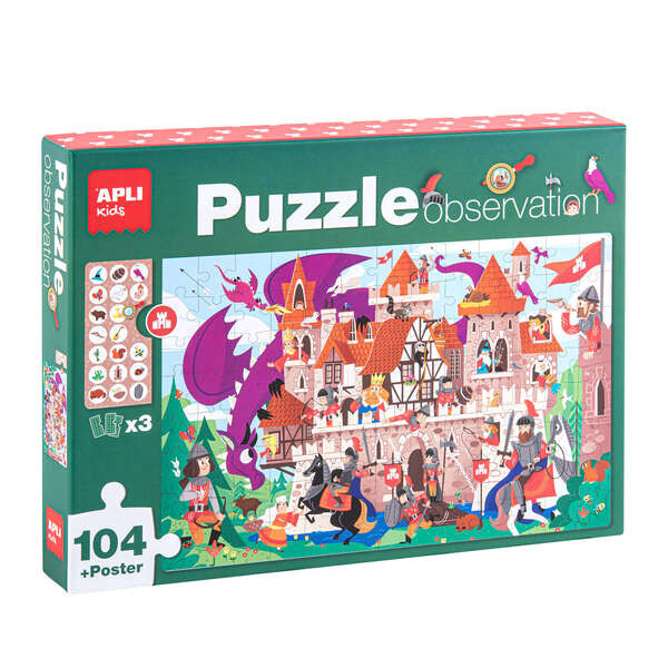 Apli Puzzle Observacion Castillo de 104 Piezas de 5x5cm - Incluye Poster y 3 Fichas - Facil Manejo - Desarrolla Habilidades y Au