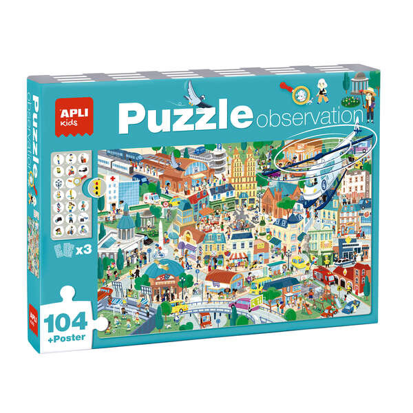 Apli Puzzle Observacion Ciudad de 104 Piezas de 5x5cm - Incluye Poster y 3 Fichas - Facil Manejo - Desarrolla Habilidades y Auto
