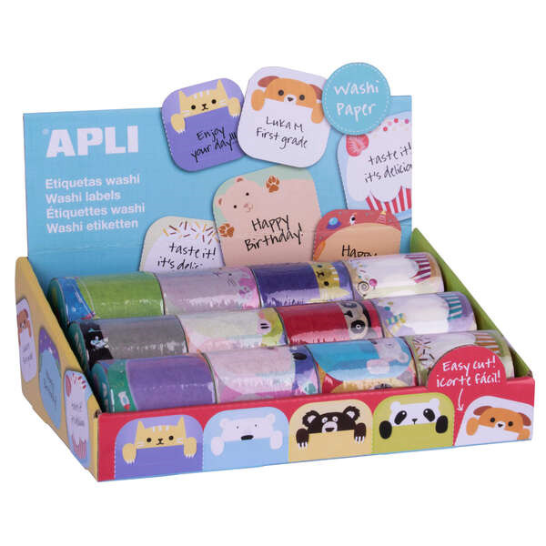 Apli Rollo de Etiquetas Washitape - 36 Etiquetas por Rollo - Faciles de Pegar y Despegar - 4 Modelos Disponibles con 6 DiseÃ±os