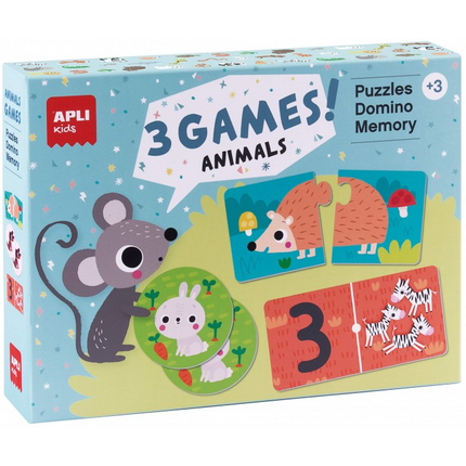 Apli Set de 3 juegos Animales: 1 Puzle de 24 Piezas, 1 Domino de 36 Piezas y 1 Memory de 24 Piezas